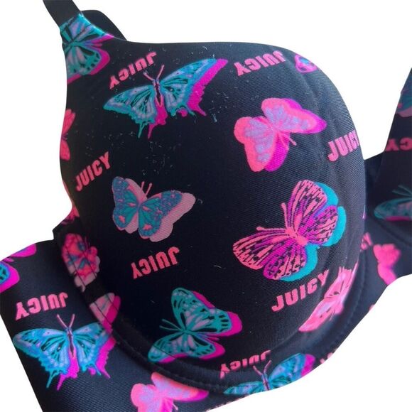 Juicy Couture Black Butterflies Bra 36B Women Intimates Padded Push Up Underwire - Picture 3 of 5